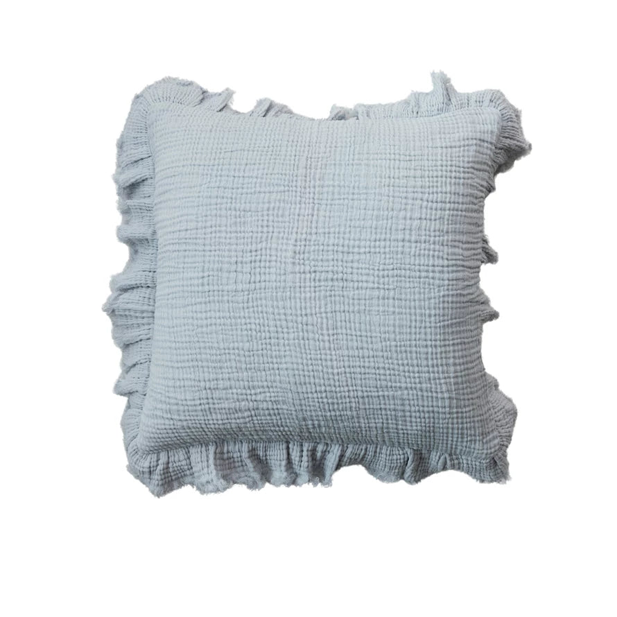 20" Square Cotton Pillow w/ Ruffled Trim, Light Blue